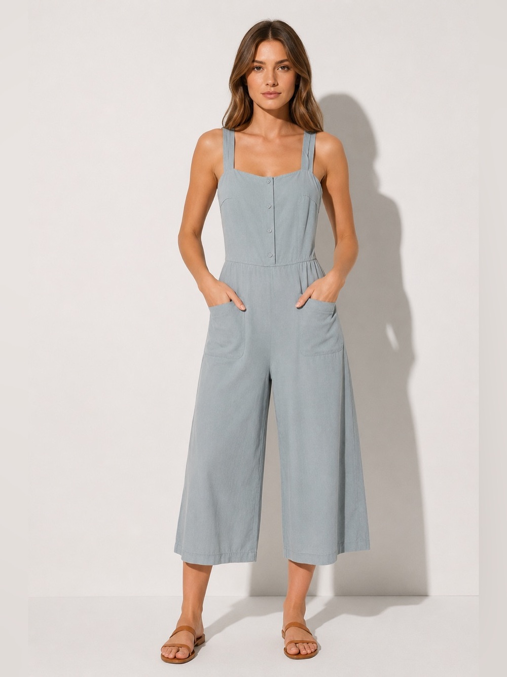 Kittenish Wide Leg Jumpsuit Large Blue Sleeveless Cropped Romper Open Back New L